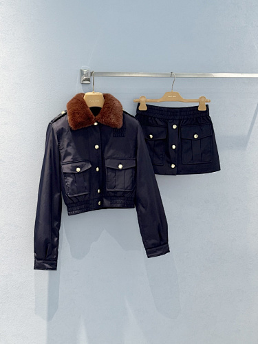 Miu Miu belted jacket + gold-buttoned fitted skirt. Top versions S-L, 2025.11.18