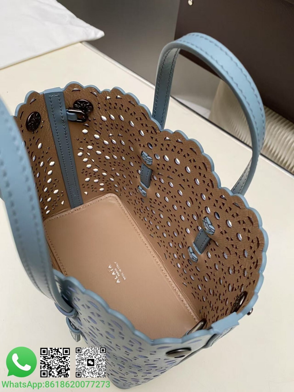 Alaia Alaïa Mini Le Mina Perforated Vienne Wave Leather Handle Shoulder Bag Tote