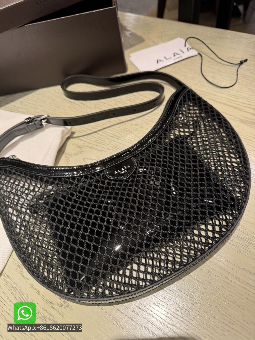 Alaia Logo-Stamp Net Patent Calfskin Small One Piece Bag Tote