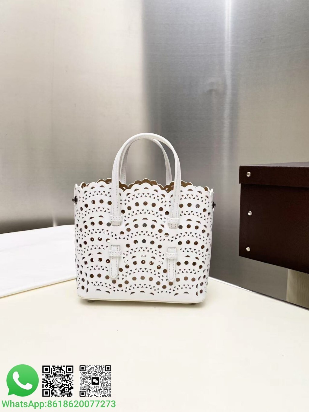 Alaia Alaïa Mini Le Mina Perforated Vienne Wave Leather Handle Shoulder Bag Tote