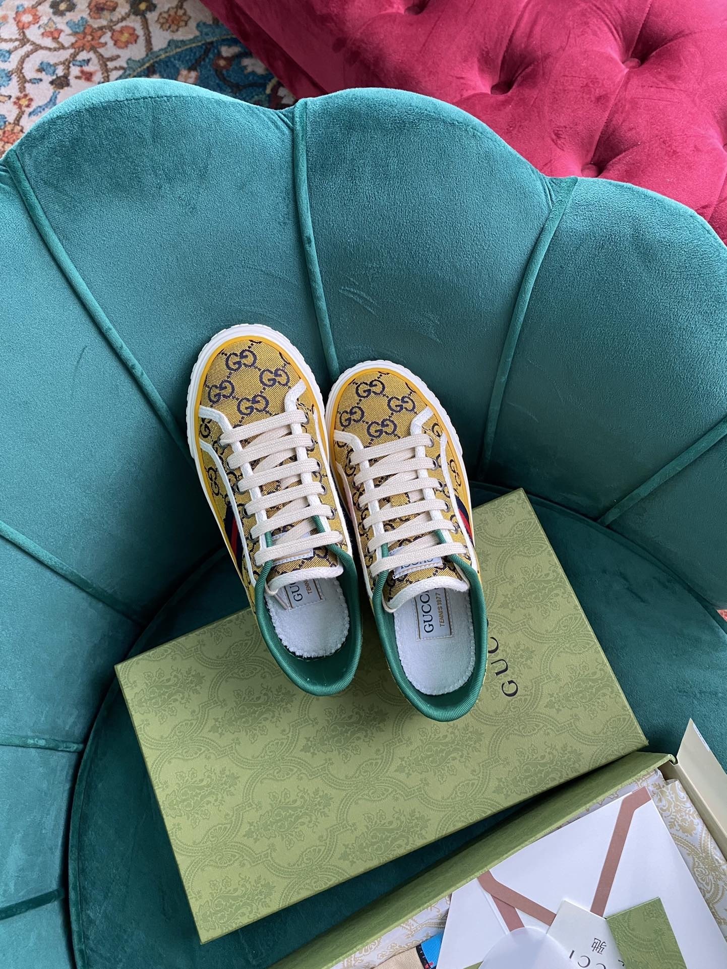 GUCCI SHOES Gucci Tennis 1977 GG Multicolor high-top sneaker 663679(170 usd)(2C75)