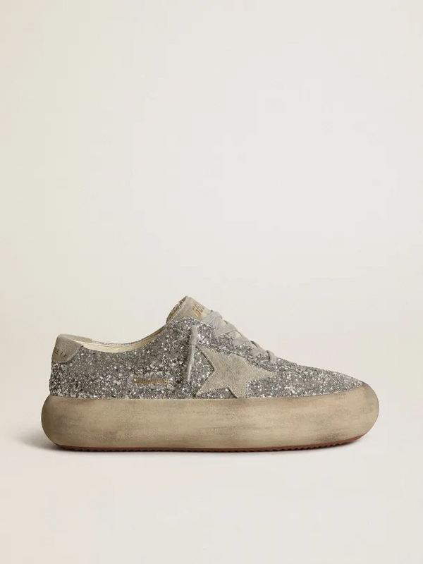 golden goose Space-Star shoes in silver glitter with ice-gray suede star and heel tab(0A6B)