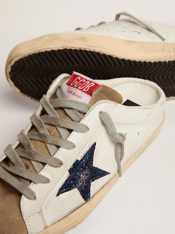 golden goose Super-Star Sabots in white leather with blue glitter star and dove-gray suede to
