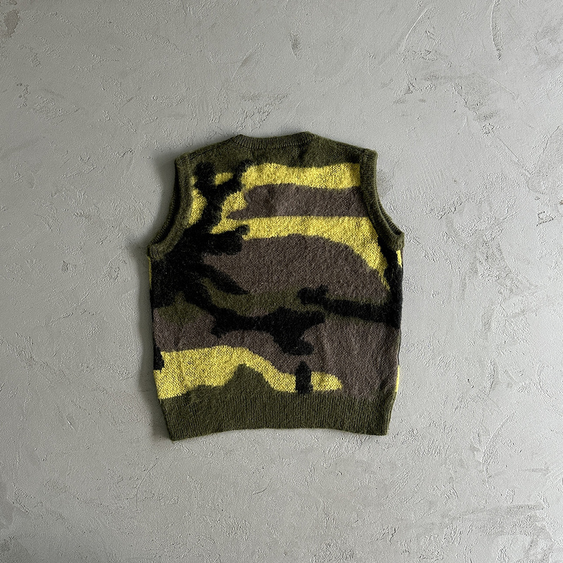 goat 165 Mohair Knit Green Yellow Brown Camo Sweater Vest4C8A