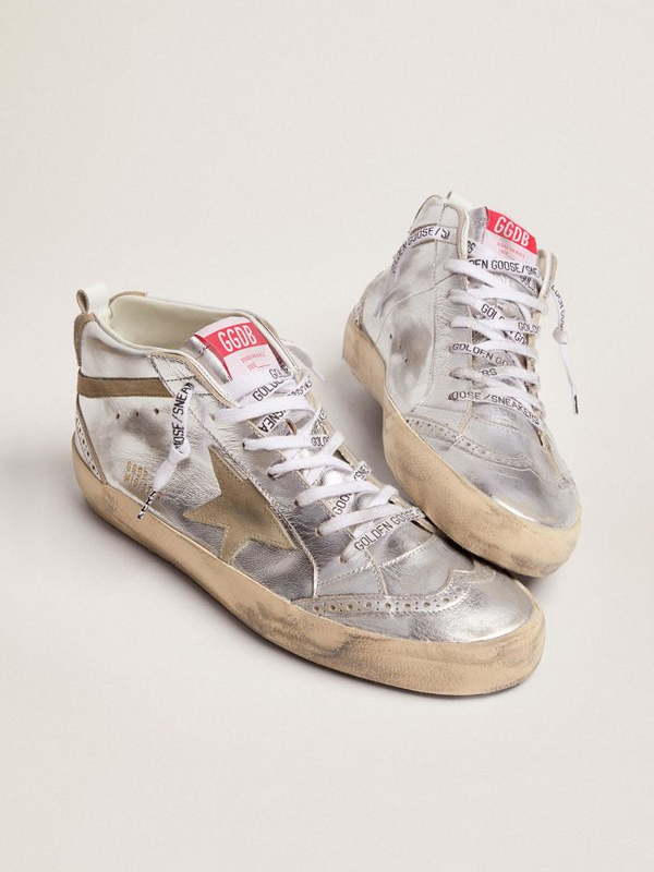 golden goose Mid Star sneakers in silver metallic leather with star and flash in dove-gray su
