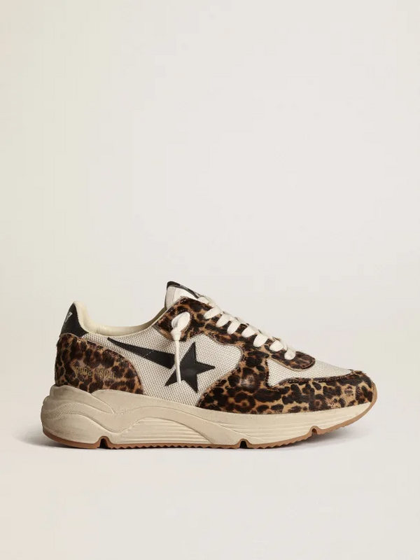 golden goose Running Sole sneakers in cream-colored mesh with leopard-print pony skin inserts