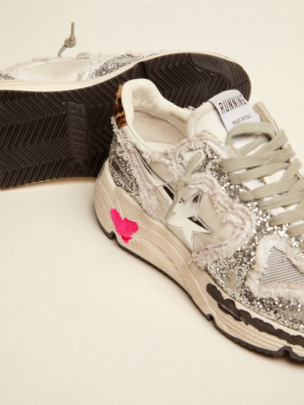 golden goose Running Sole sneakers in nylon and silver glitter with leopard-print pony skin h