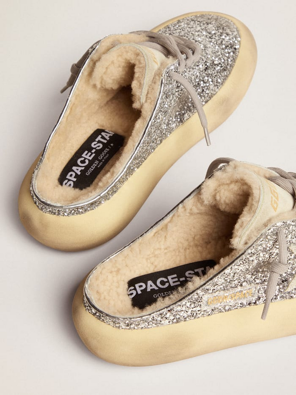 golden goose Space-Star Sabot shoes in silver glitter with shearling lining(788B)