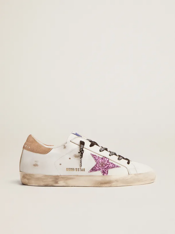 golden goose Super-Star sneakers in white leather with lavender-colored glitter star(0D54)