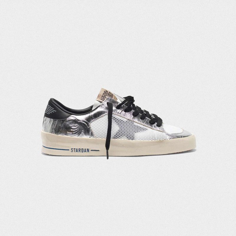golden goose Stardan sneakers in laminated silver with floral design relief(431B)