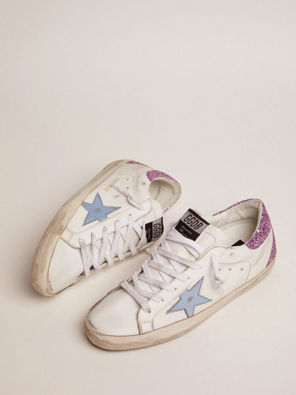 golden goose Super-Star sneakers with lavender glitter heel tab and light-blue metallic leath