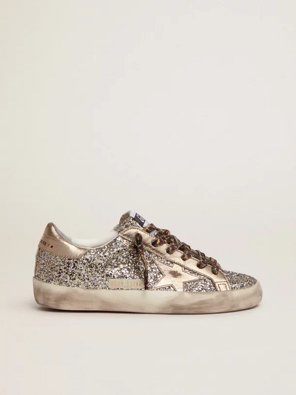 golden goose Super-Star sneakers in platinum-colored glitter with star and heel tab in tone-o
