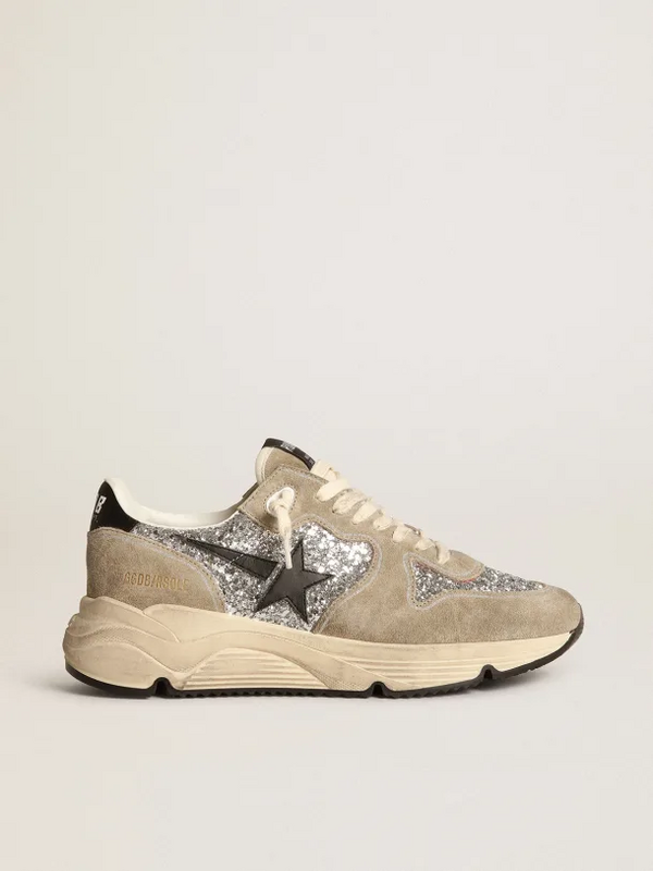 golden goose Running Sole sneakers in silver glitter and dove-gray suede with black leather s