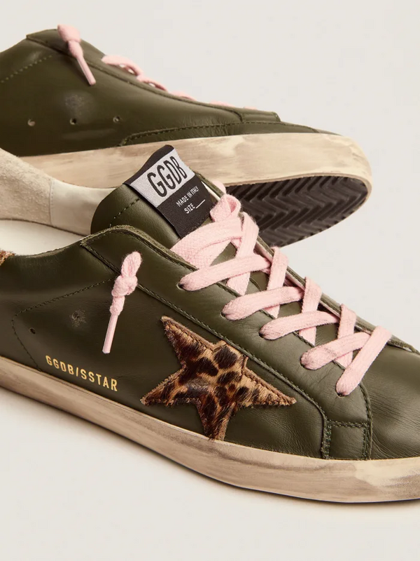 golden goose Super-Star sneakers in dark green leather with gold glitter heel tab(837D)