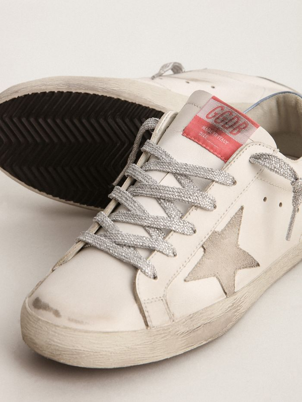 golden goose Super-Star sneakers with sky-blue laminated leather heel tab and ice-gray suede