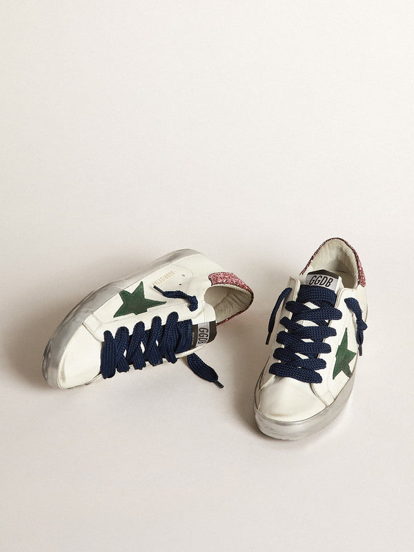 golden goose Super-Star sneakers with green suede star and pink glitter heel tab(3418)