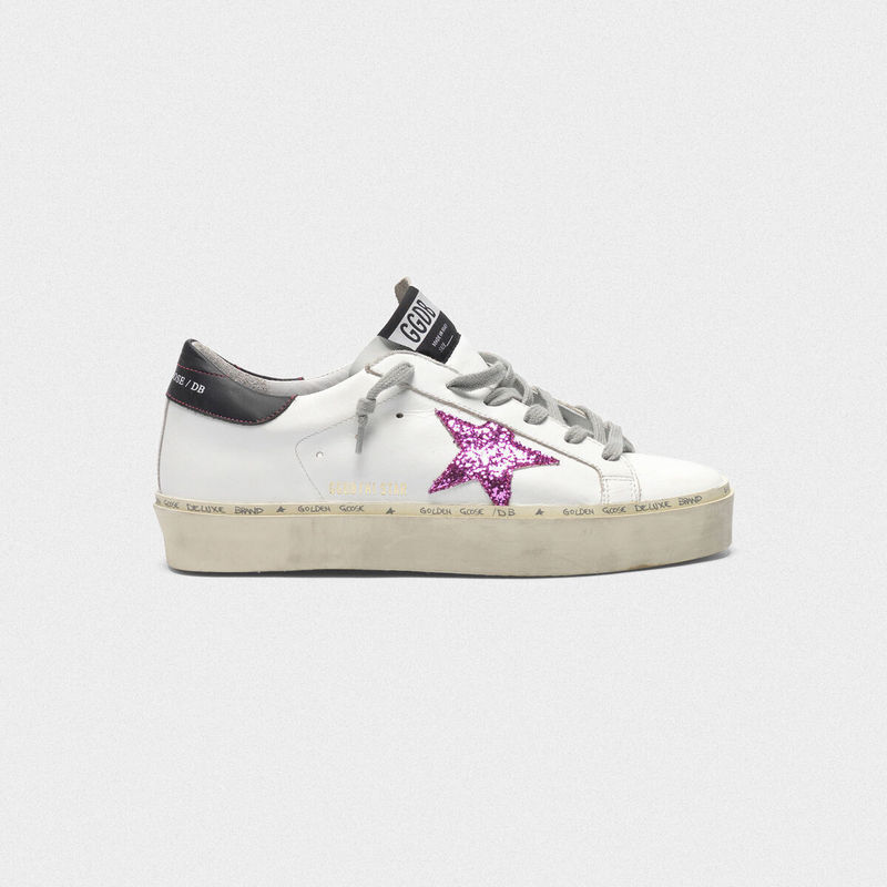 golden goose Hi Star sneakers with pink glitter star and black heel tab(444C)