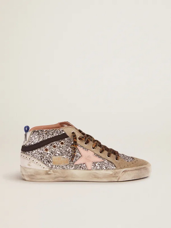 golden goose Mid Star sneakers with silver glitter upper and pale pink star(C751)
