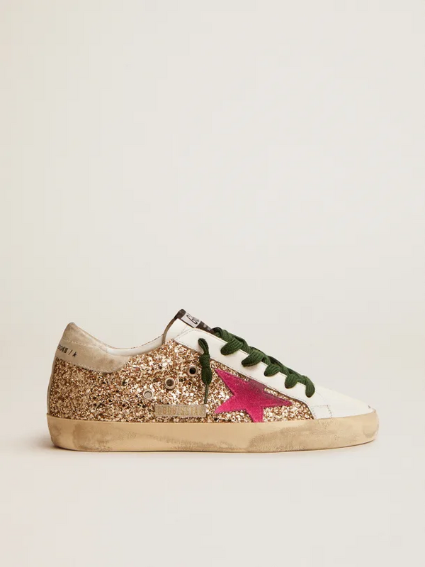 golden goose Super-Star sneakers in gold glitter with fluorescent pink suede star(D7E3)