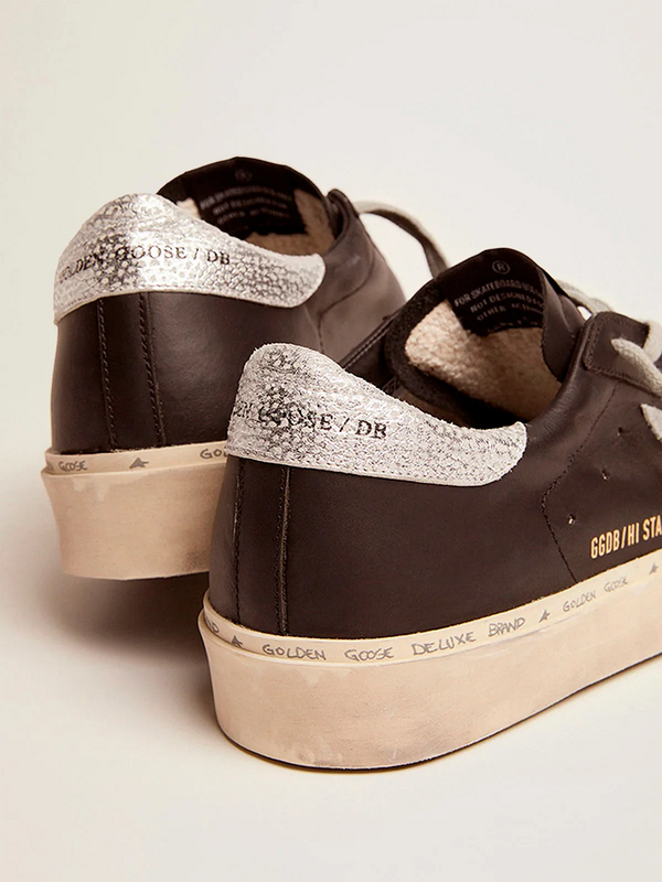 golden goose Hi Star sneakers in black leather with silver laminated leather star(C7A0)