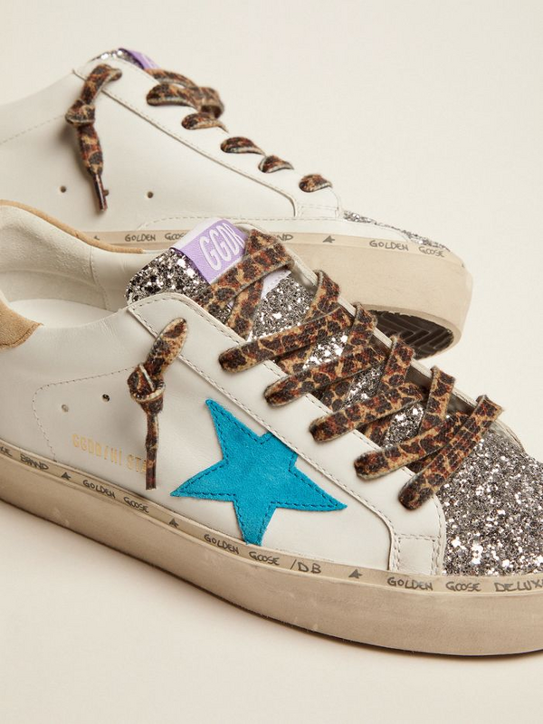 golden goose Hi Star LTD sneakers with silver glitter tongue and cyan-blue suede star(ADCC)