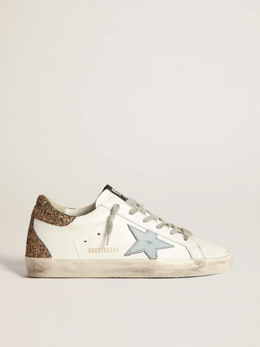 golden goose Super-Star sneakers with light blue leather star and gold glitter crocodile-prin