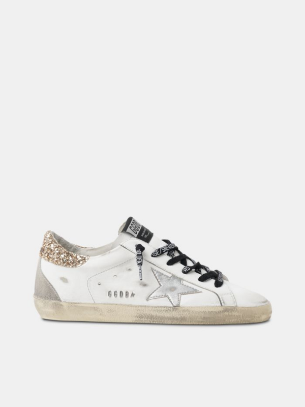 golden goose White leather Super-Star sneakers with glittery heel tab(F22E)