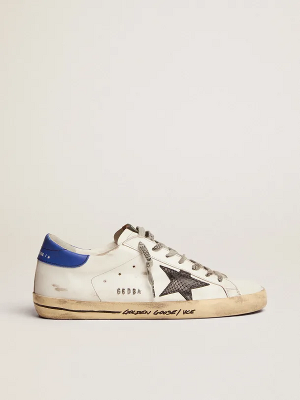 golden goose Super-Star sneakers with black snake-print leather star and blue leather heel ta
