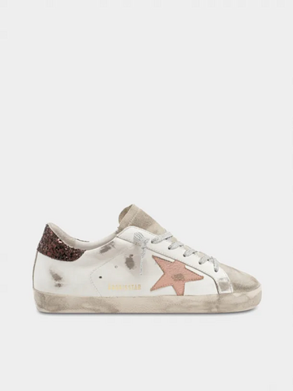 golden goose Super-Star sneakers with brown glitter heel tab and pink crackled leather star(7