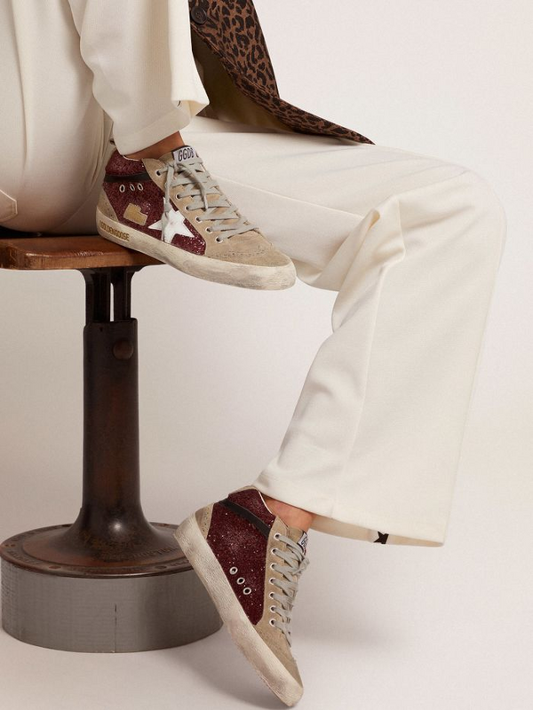 golden goose Mid Star sneakers in burgundy glitter with dove-gray suede inserts and white lea