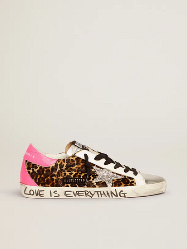 golden goose Super-Star sneakers in leopard-print pony skin with silver glitter star(AB77)