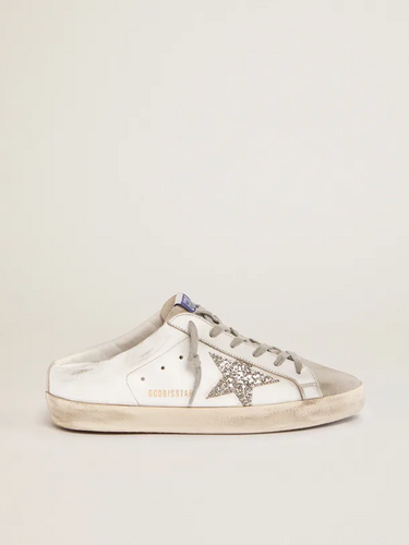 golden goose Super-Star Sabots in white leather and gray suede with silver glitter star(BC53)