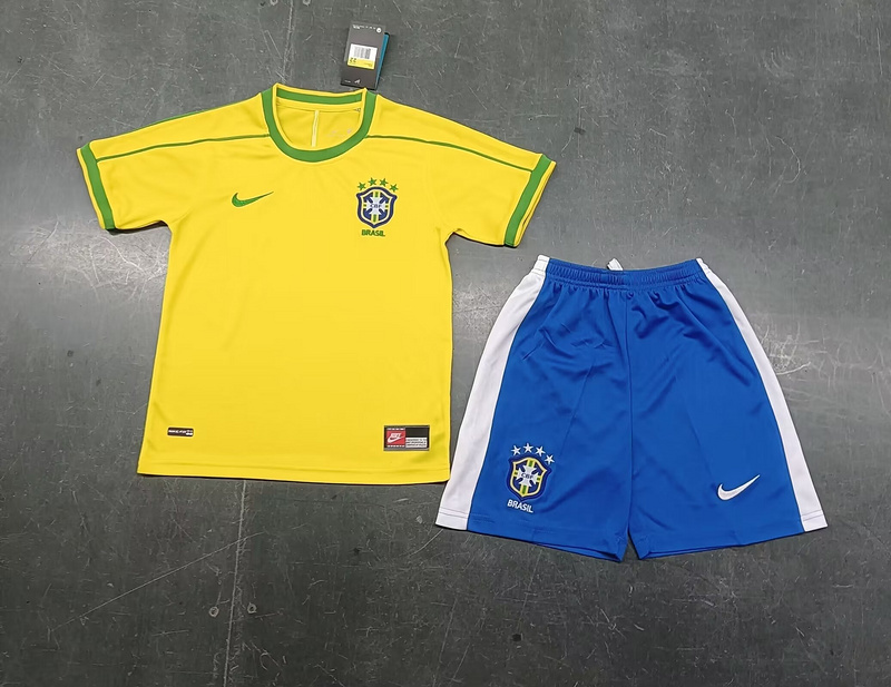 vintage Brazil 1998 home retro Kids Sets maglia calcio maillot football camisetas futbo