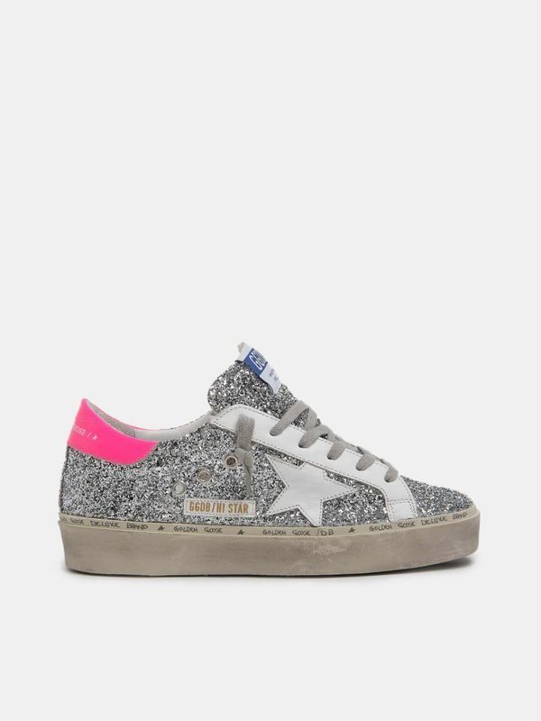 golden goose Hi Star sneakers with silver glitter and fuchsia heel tab(A0D4)