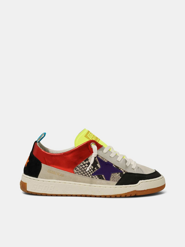 golden goose Red Yeah! sneakers with purple star and snakeskin-print insert(D19F)