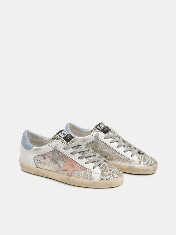golden goose Super-Star LTD sneakers in white leather with mesh insert and silver glitter(ECC