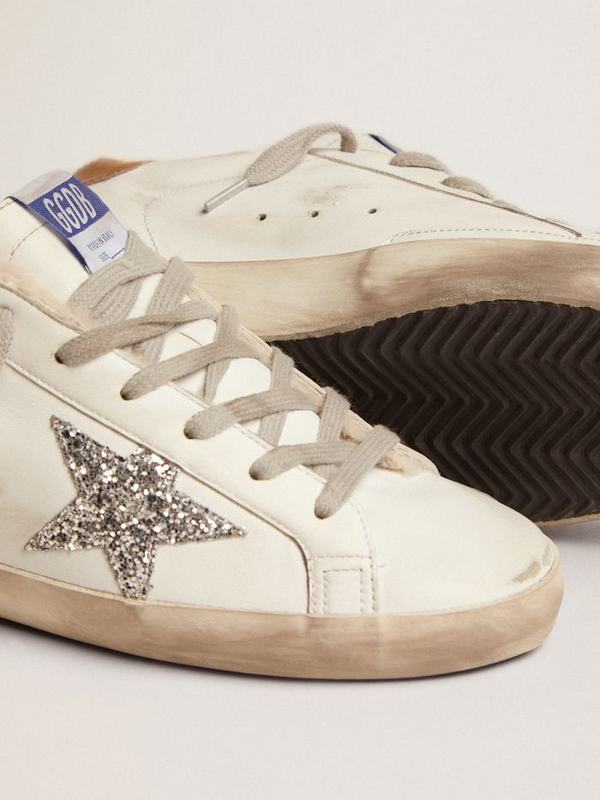 golden goose Super-Star sneakers with shearling lining, silver glitter star and lizard-print
