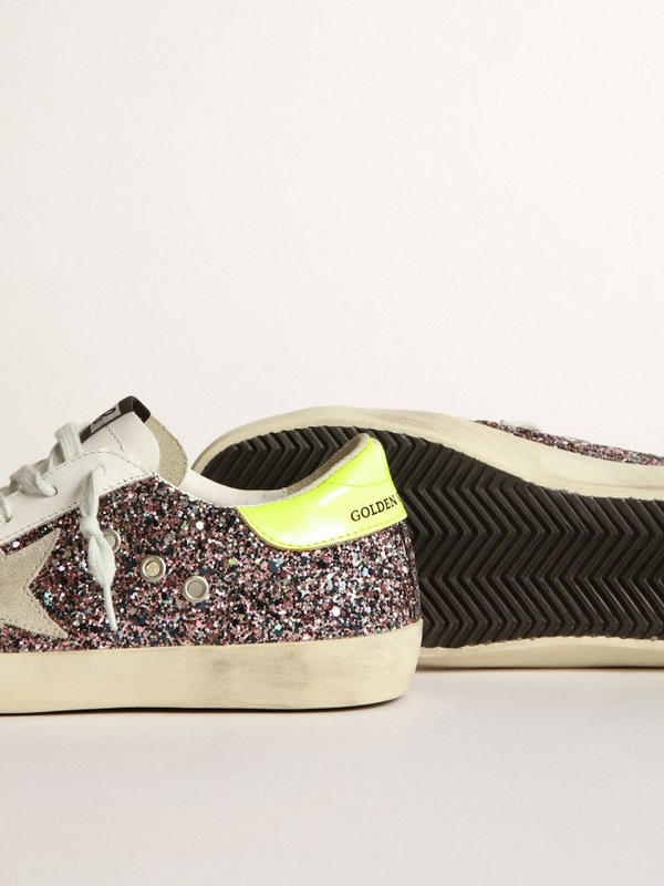 golden goose Super-Star sneakers in gray and pink glitter with ice-gray suede star and fluore