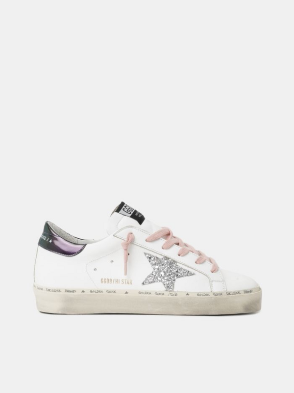 golden goose White Hi-Star sneakers with glittery star and pink laces(B265)