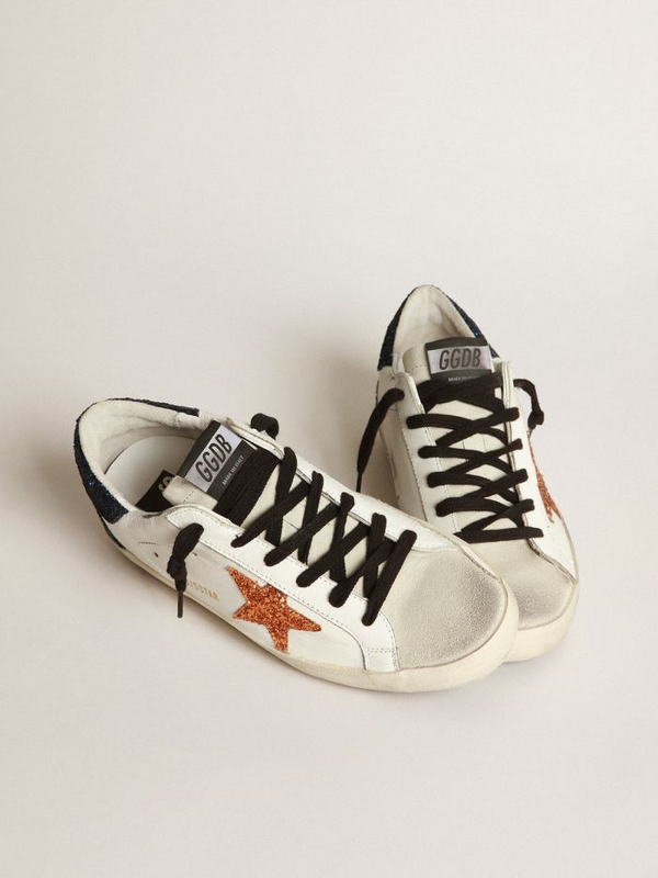 golden goose Super-Star sneakers with peach-pink glitter star and blue glitter heel tab(55C8)