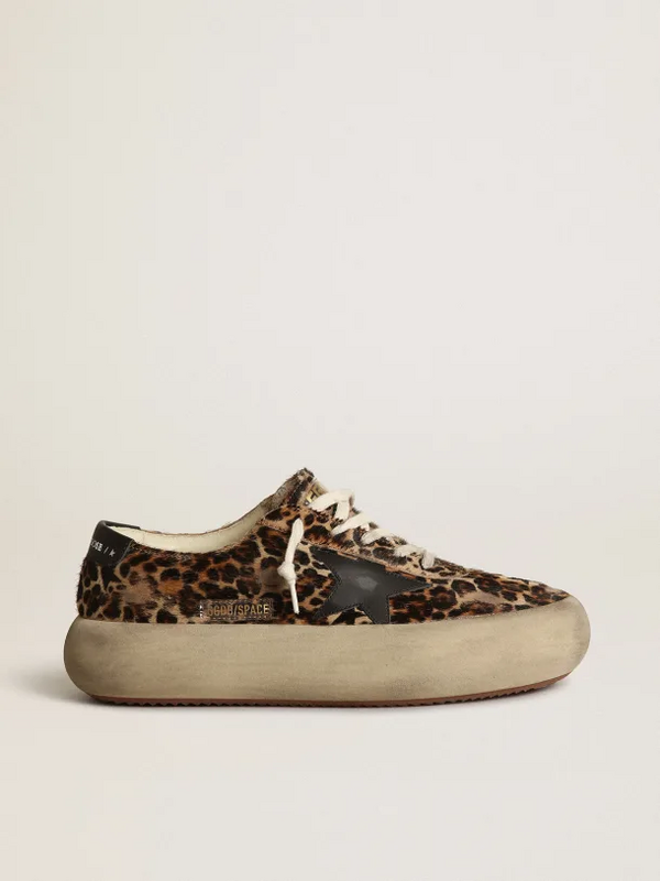 golden goose Women's Space-Star shoes in leopard-print pony skin with black leather star and