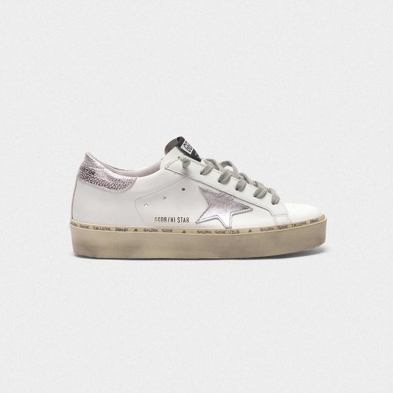golden goose Hi Star sneakers with star and heel tab in metallic silver(62E9)