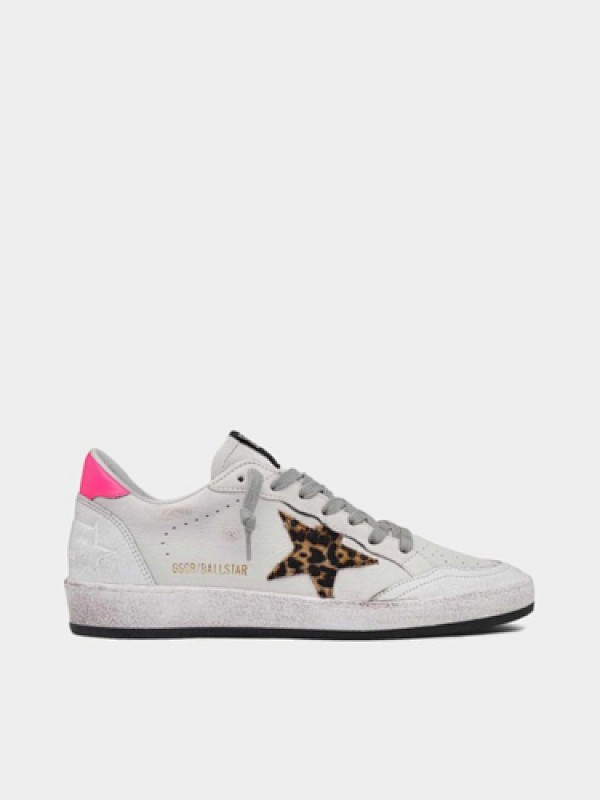 golden goose White Ball Star sneakers in leather with leopard-print star(69E3)
