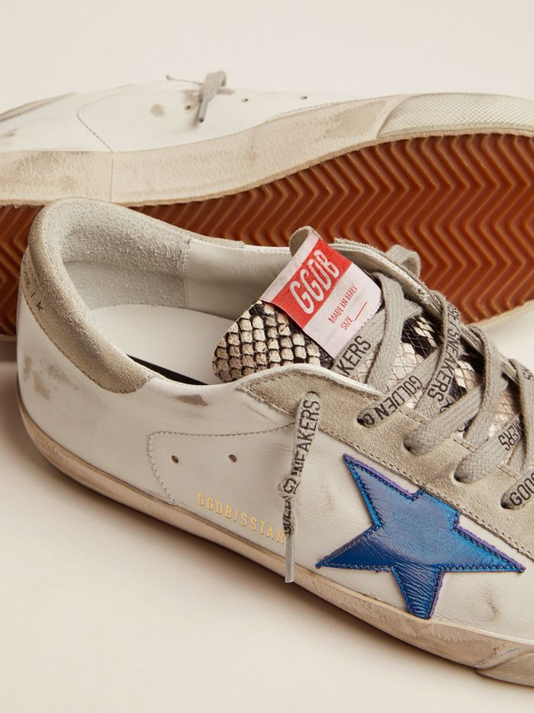 golden goose Super-Star sneakers with snake-print leather inserts and blue laminated leather