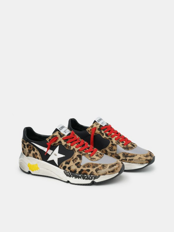 golden goose Running Sole sneakers in leopard-print pony skin with red laces(B9C7)