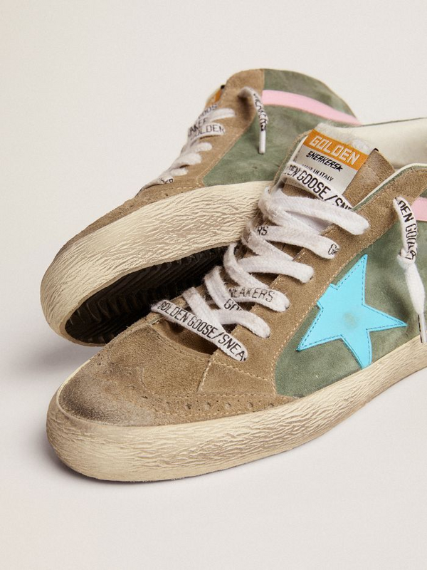 golden goose Mid Star LTD sneakers in military green suede with sky-blue leather star and pin