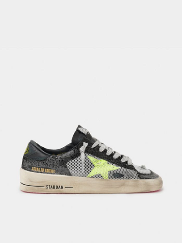golden goose Stardan sneakers with glittery upper, fluorescent yellow star and mesh inserts(F
