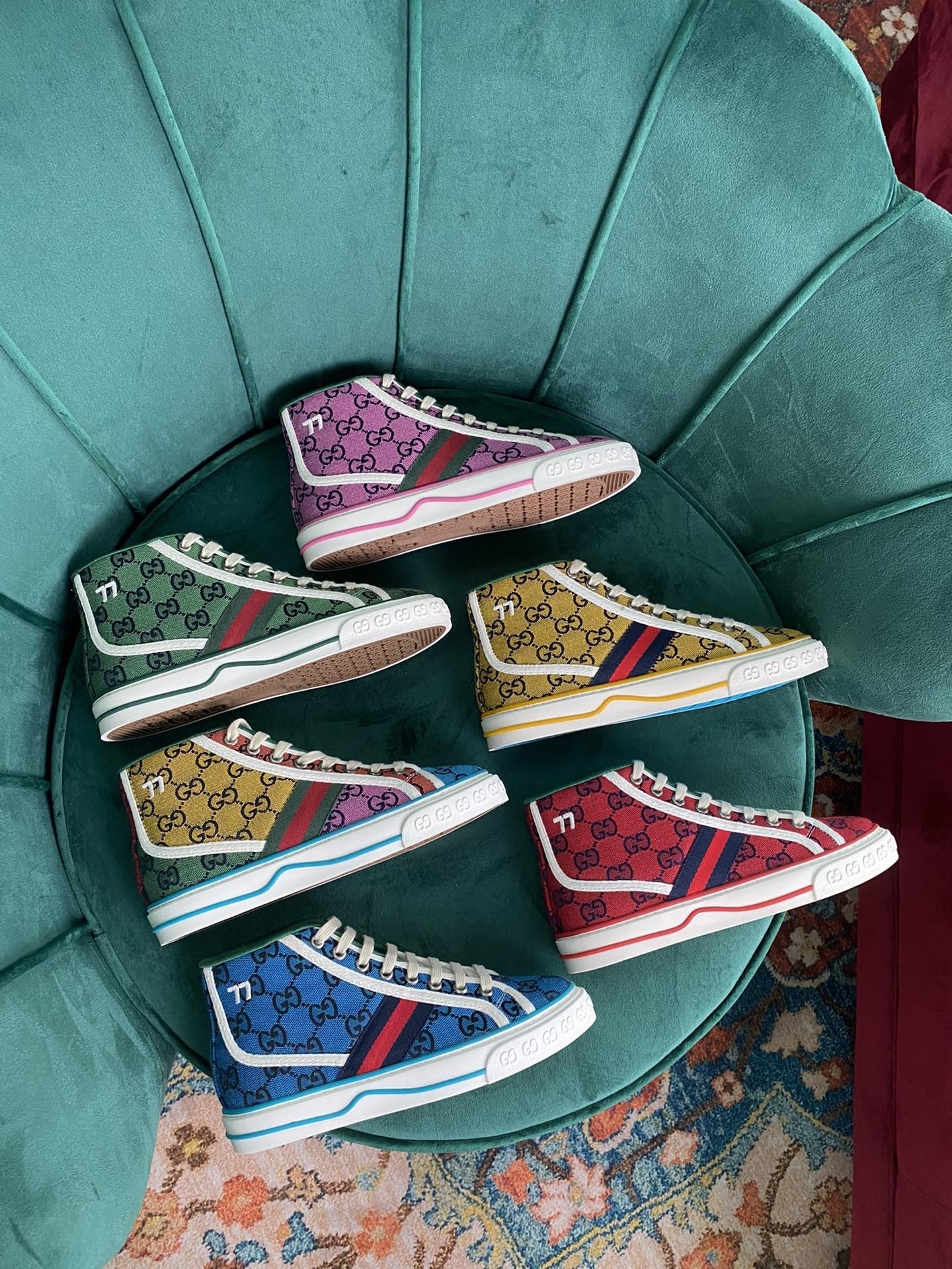 GUCCI SHOES Gucci Tennis 1977 GG Multicolor high-top sneaker 663679(170 usd)(D83A)