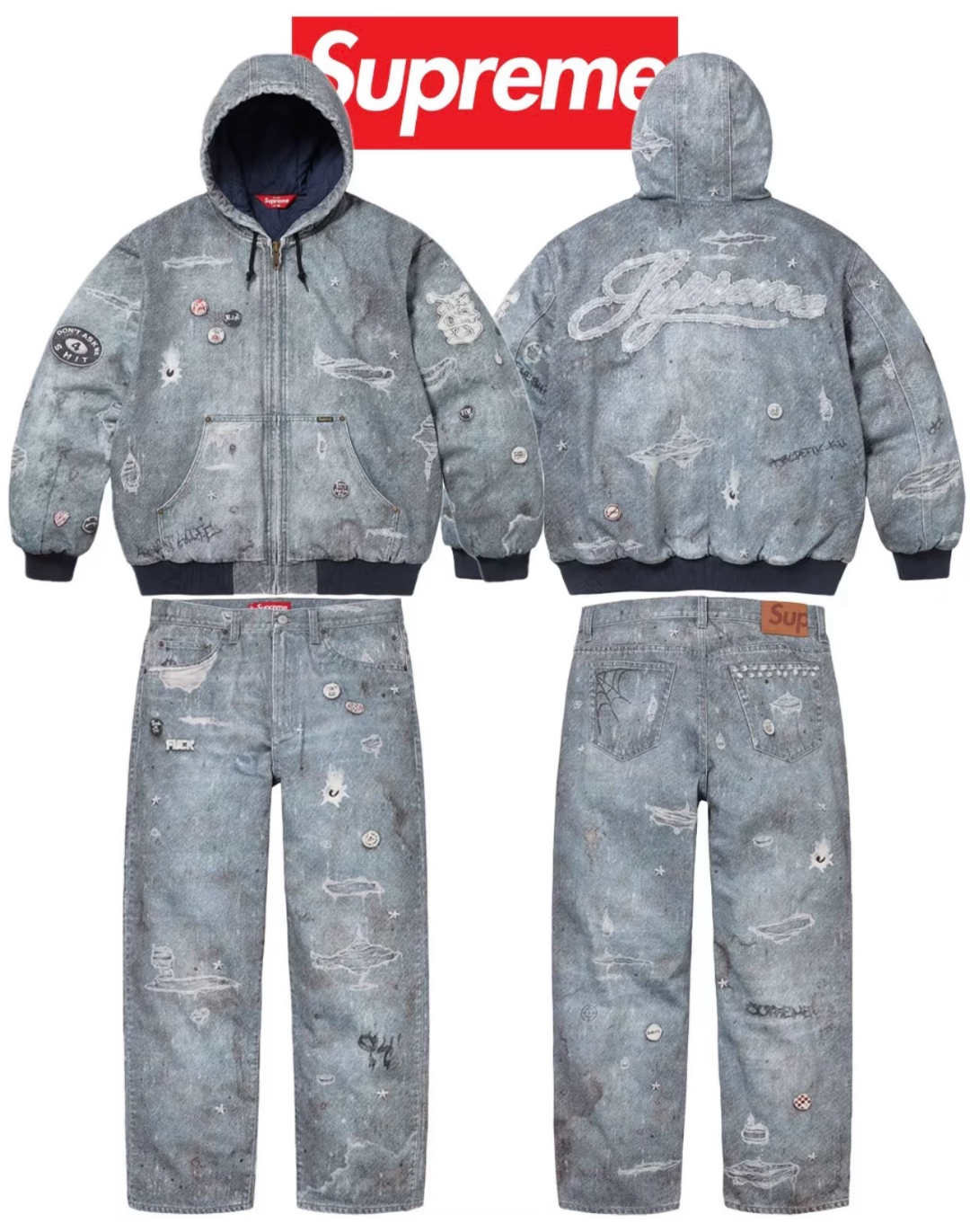 印花牛仔棉衣 SUPREME 24FW HJR TROMPE L'OEIL HOODED WORK JACKET