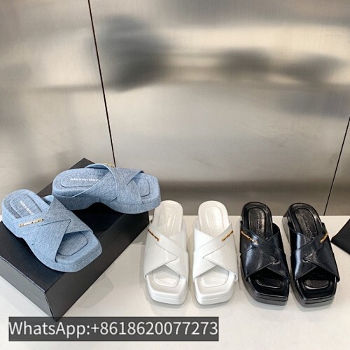 Alexander Wang Denim Calf Leather Float Criss-Cross Platform Mules Slippers Sandals